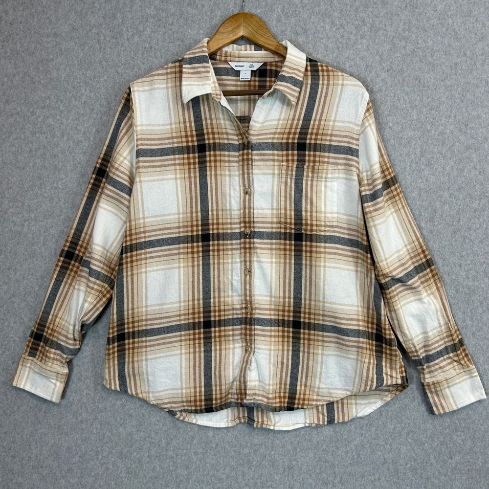 Old Navy Classic Flannel Shirt Cream Tan Plaid Button Down Neutrals Womens Large